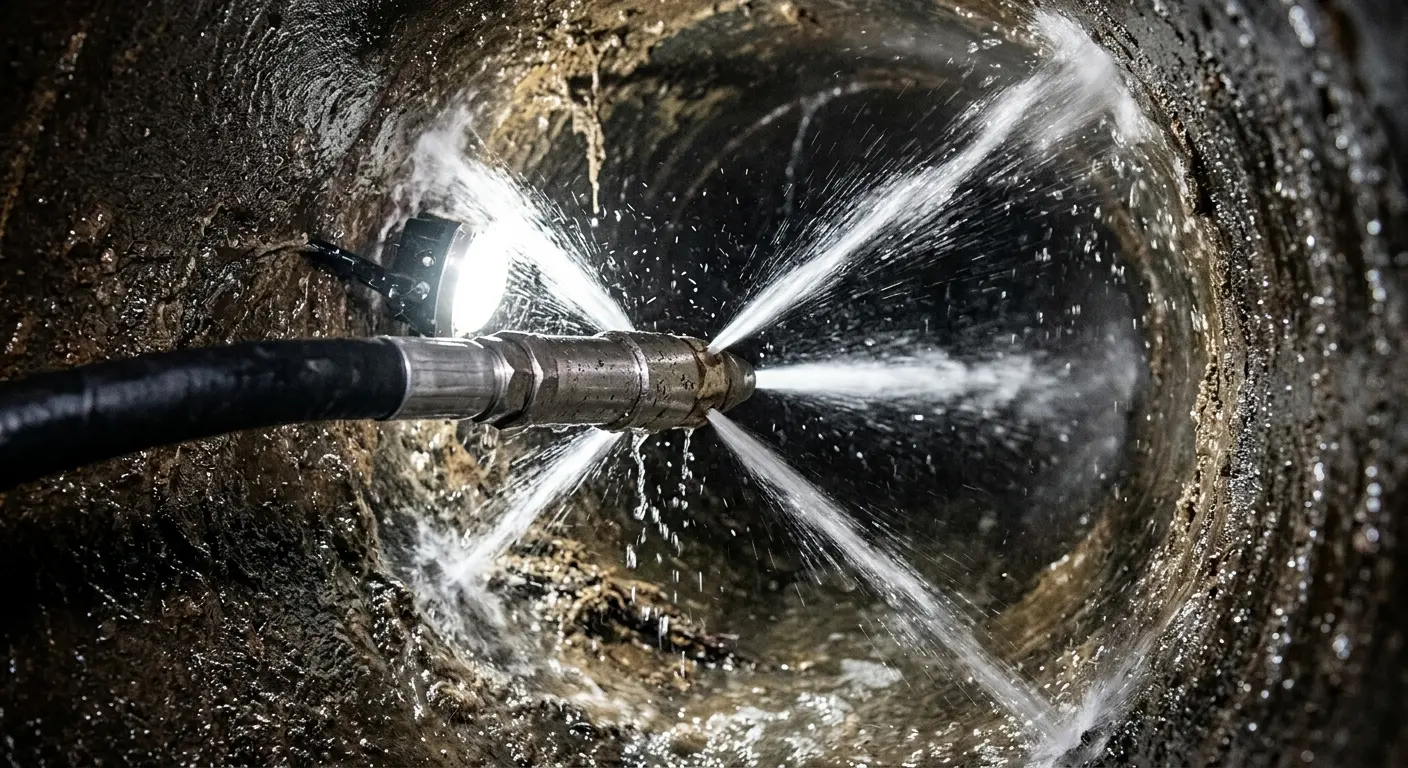 High-pressure hydro jetting nozzle cleaning sewer pipe for Emergency Drain Service in Greensboro
