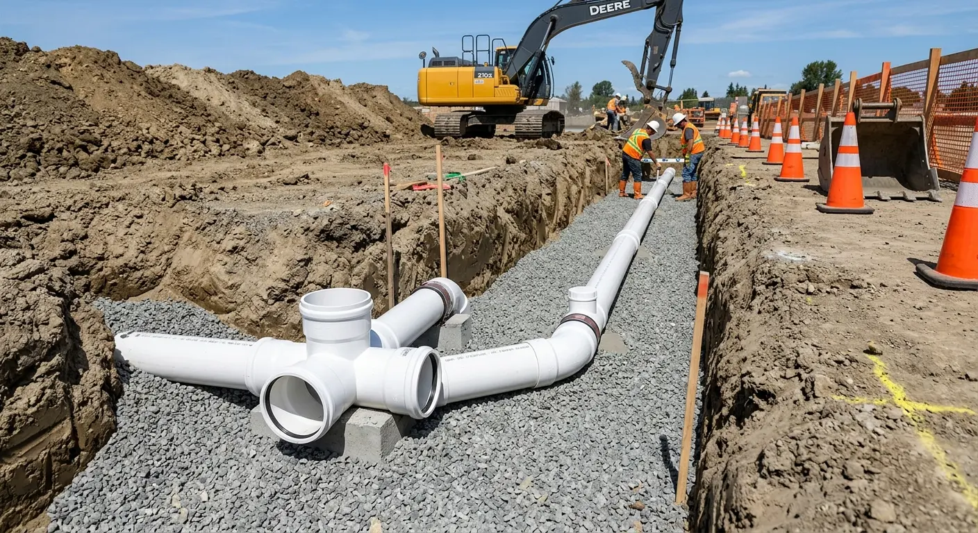 New PVC sewer pipe installation in open trench for Sewer Backup in Greensboro