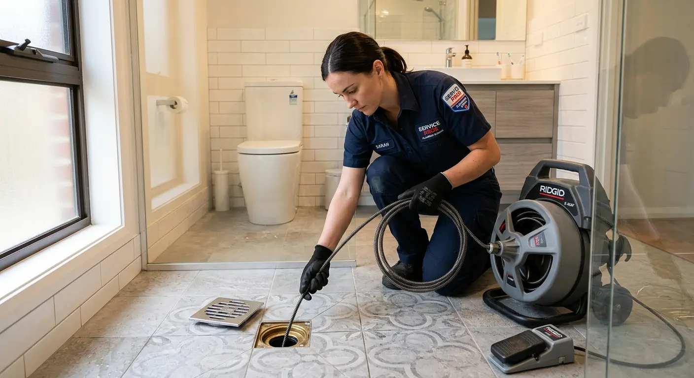 Technician clearing a bathroom floor drain for Drain Cleaning in Greensboro